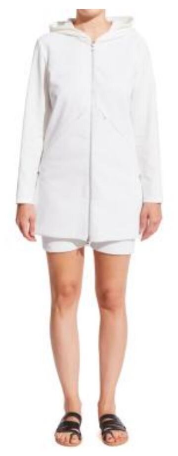 Longer white ponte and perforated vegan leather hoodie with zippers