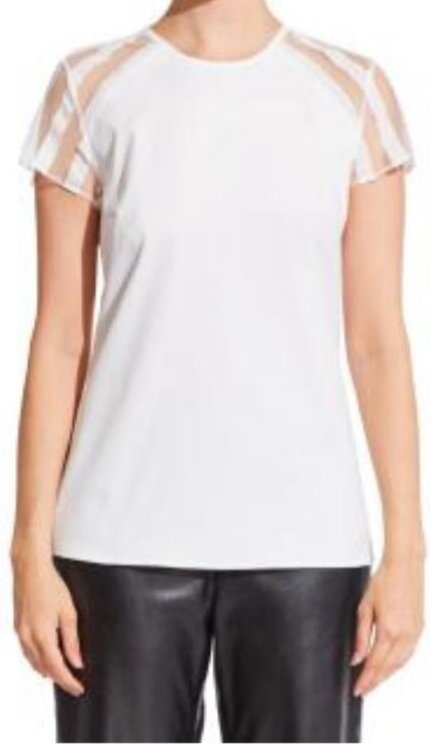 Stretch crepe short sleeve top with stripe mesh sleeves