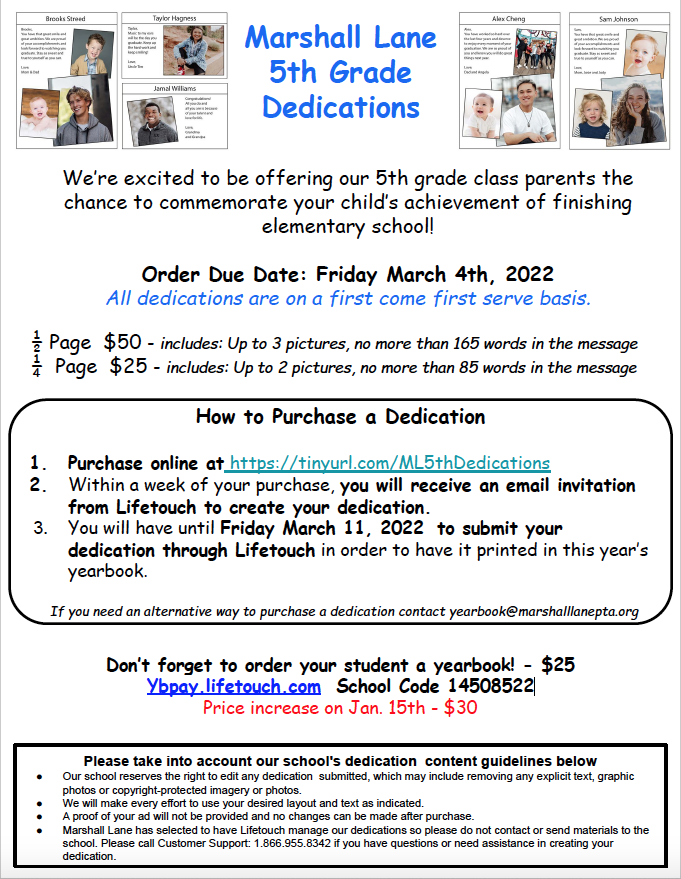 5th Grade Yearbook Messages From Parents Order Your Yearbooks 2021-2022 And 5Th Grade Dedications! — Marshall Lane  Pta