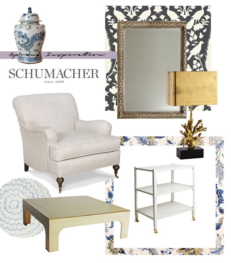 Pair of Porcelain Urns - 19th Century, Chenonceau Wallpaper, Alexander Mirror, Mid-Century Table Lamp, Cambridge Chair, Indian Arbre Fabric, Albert Etagere Table, Vintage Willy Rizzo Table, and Feather Bloom Wallpaper all from F. Schumacher.