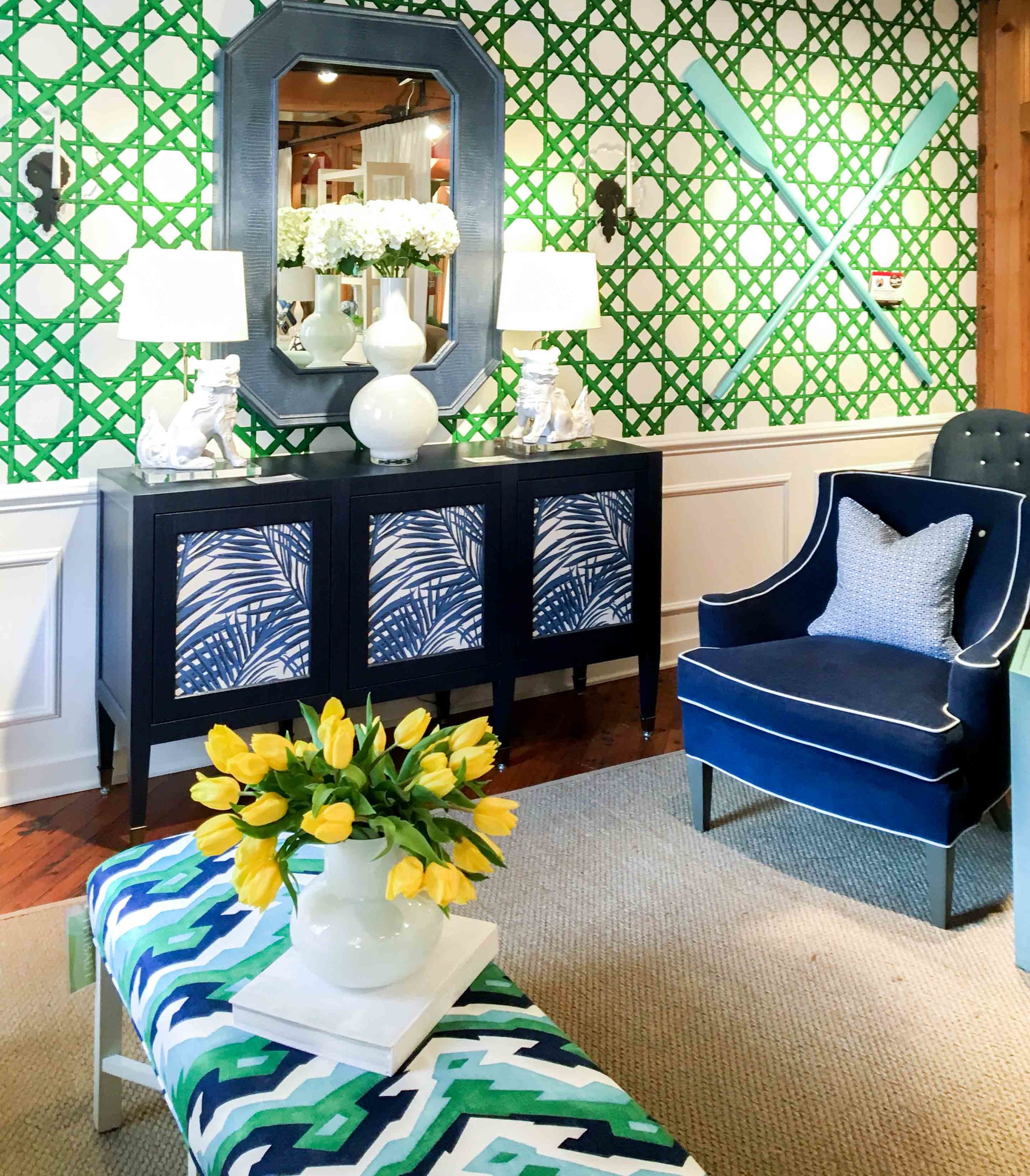 Great use of pattern and color and mixing from Thibaut . Love not being afraid to use color.