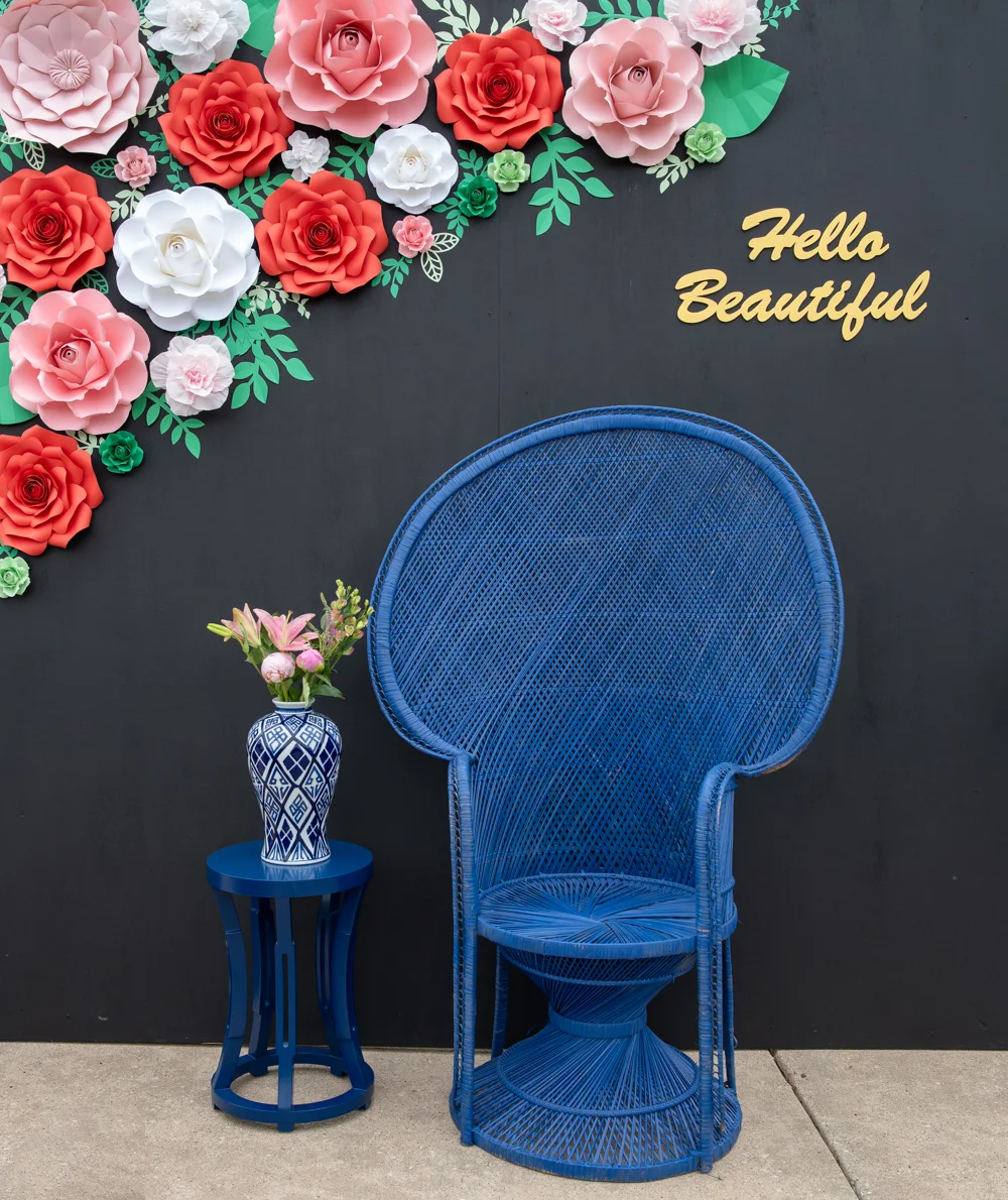 To greet our guests outside of MBI, we set up this fun photo backdrop complete with giant paper flowers and a fun peacock chair.