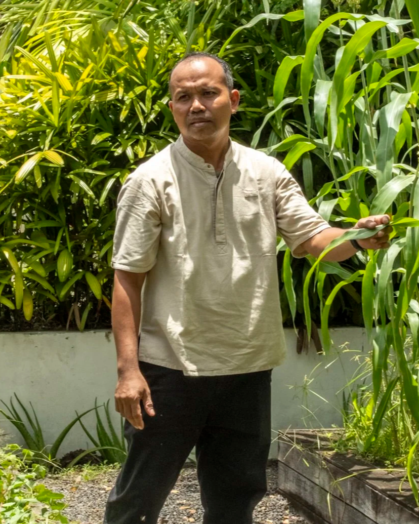 A man standing outdoors among green plants, holding a leaf in his right hand, wearing a beige shirt with a collar and black pants.