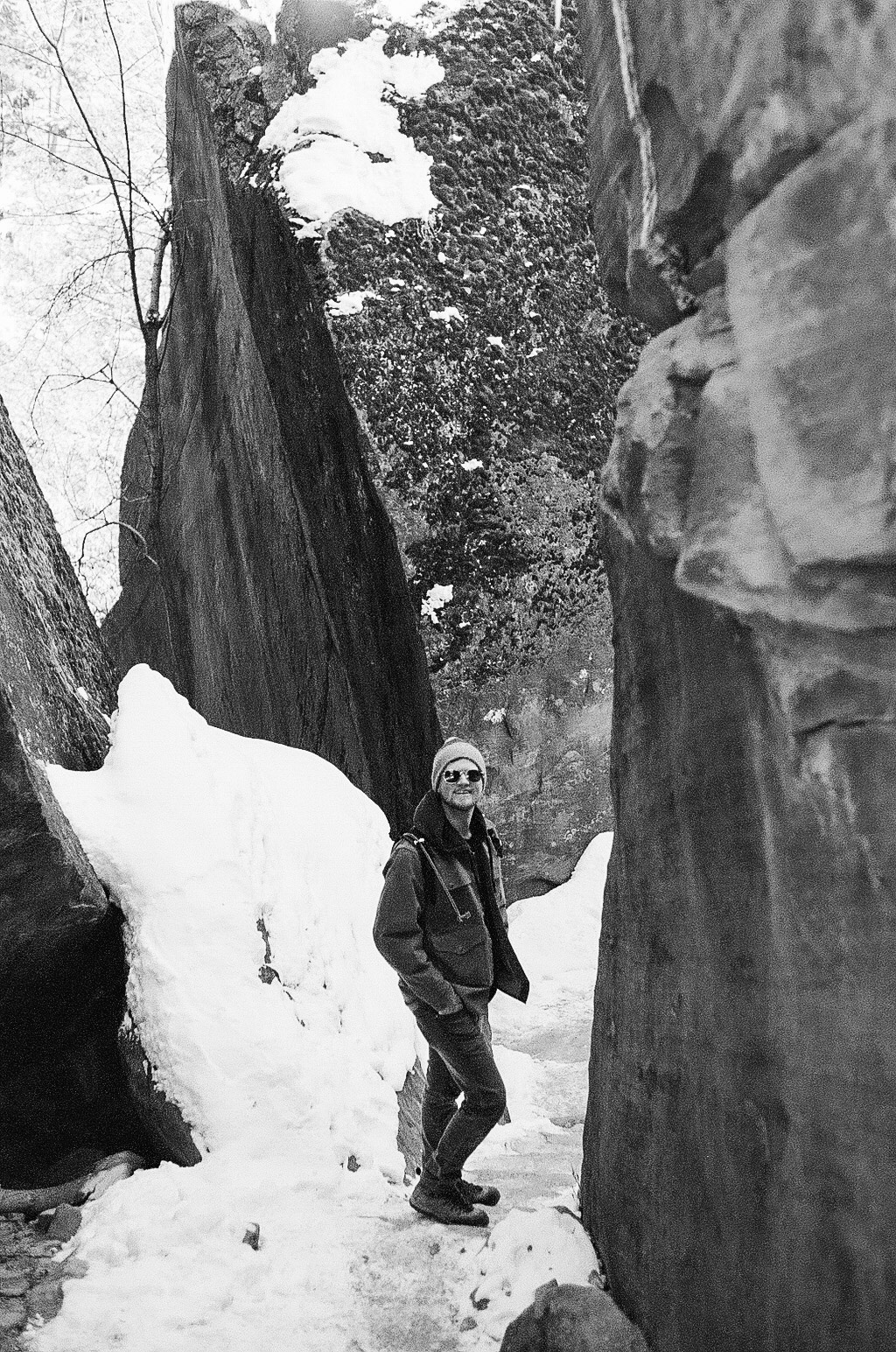 The trails in Zion are slick with ice and snow, but we brave them, Jacob my trusty scout.