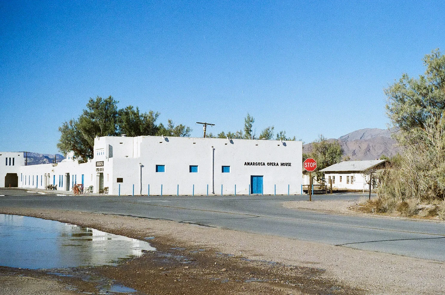 In a tiny town near the California/Nevada state line, azure sky is in both the heavens and the doors--or maybe that's intentional.