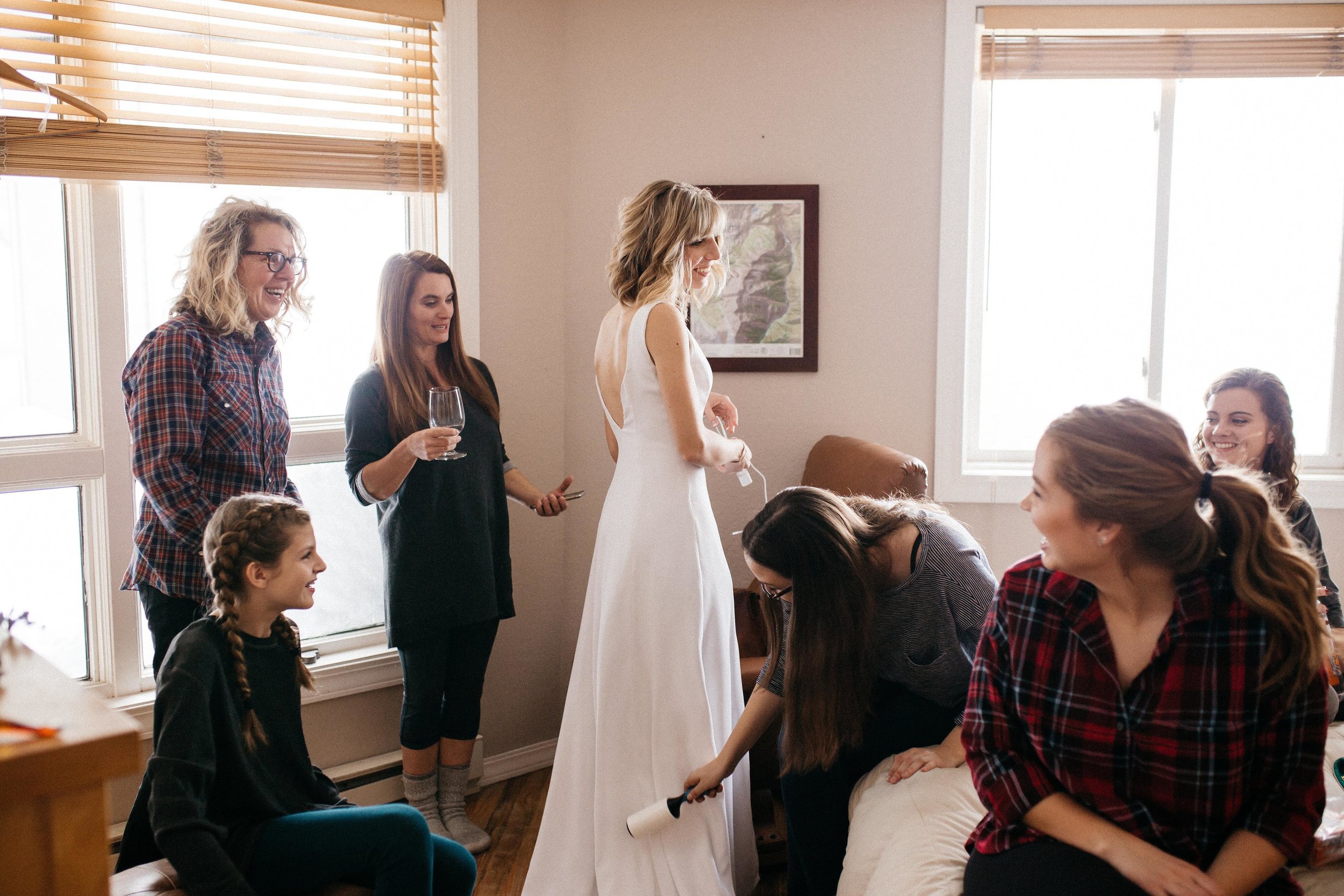 In the morning, so many of my gal pals crowded into my friend Ellie's room, where I got ready. These girls were my unofficial bridal party and it was the most special time to share with them. I especially appreciated my friend Rachel making sure we were lint-free the entire day (I highly recommend her services).