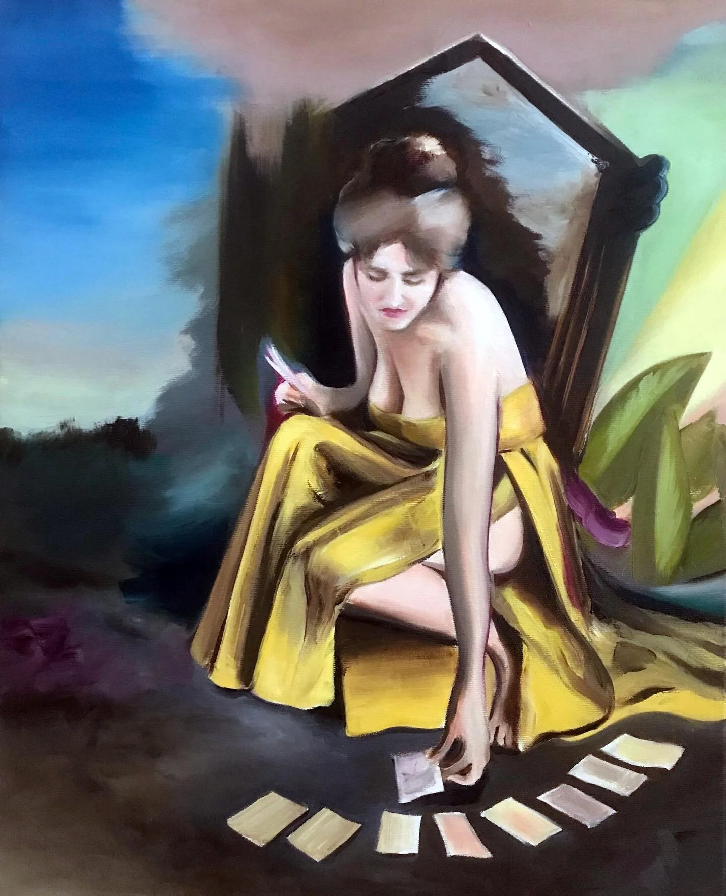 Interrogating the future. The Card Reader, 50x40cm, oil on canvas 
.
.
.
#tarot #tarotreading #divination #pamelacolmansmith #contemporaryoilpainting #contemporarysurrealism #majorarcana #studiopractice