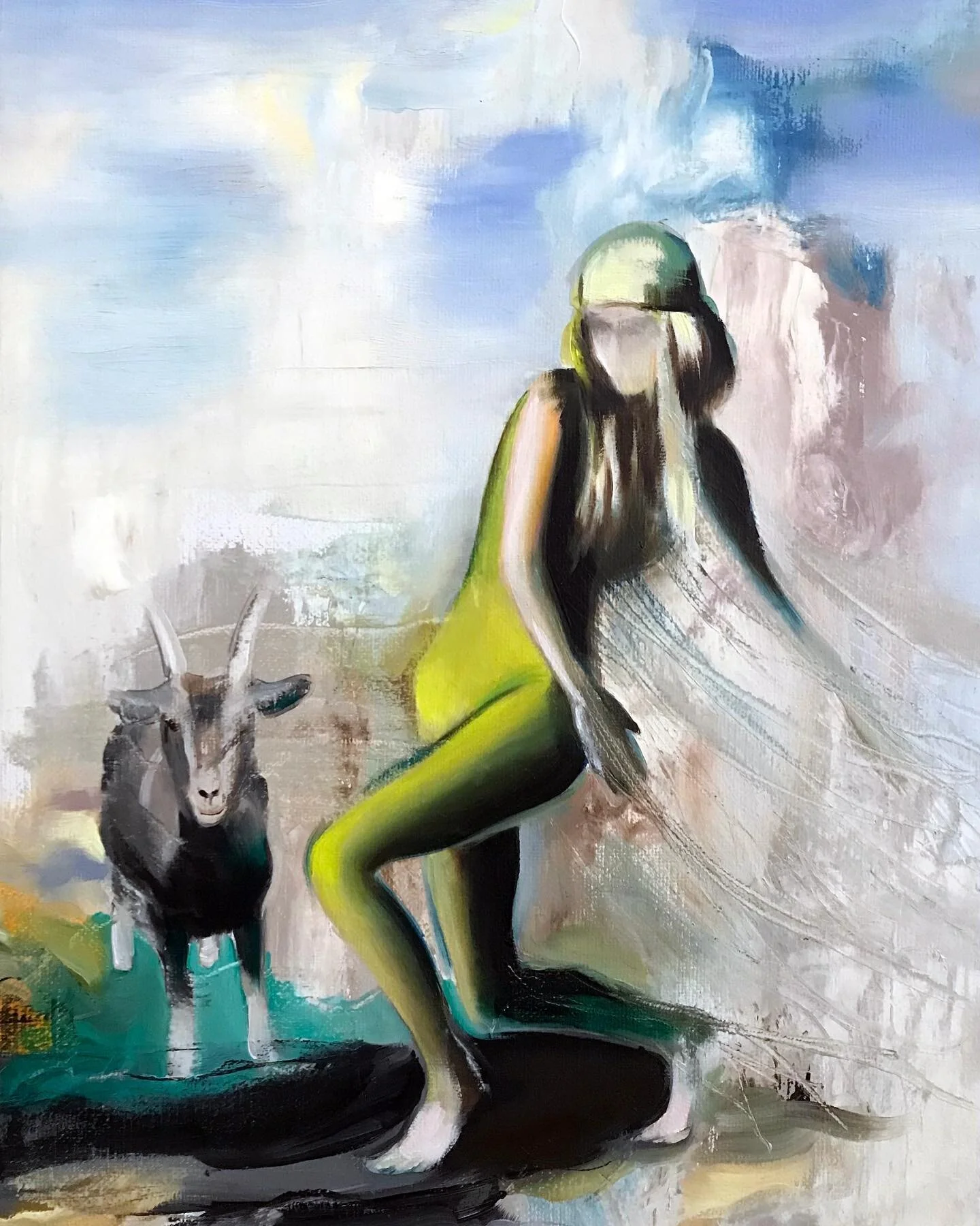 It&rsquo;s Friday - let&rsquo;s dance! 🪩💃🕺The Goat Dance, 40x30cm, oil on canvas 
.
.
#goats #dancer #contemporaryoilpainting #contemporarysurrealism #studiopractice #storytelling