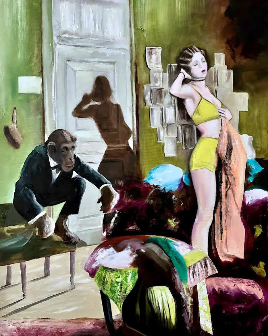 The Lady and the Chimp (80 x 60 cm, oil on canvas) 
.
.
.
#comtemporaryoilpainting #oilpainting #oiloncanvas #chimpansee #20s #contemporarypainting #narrativeart