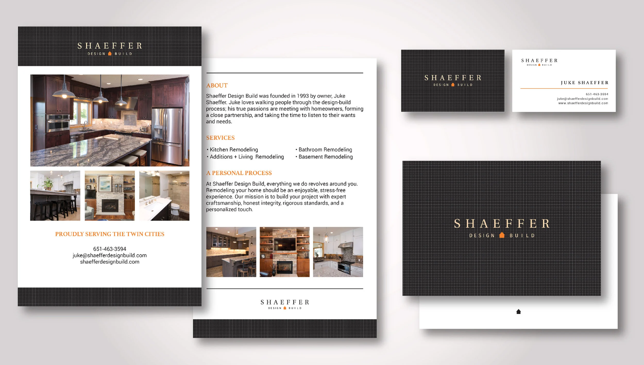 shaeffer design build: flyer, business card, postcard design