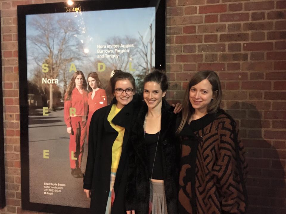 L-R: Eleanor Sikorski, Flora Wellesley Wesley and Stephanie McMann (Nora's rehearsal director) with Nora's poster outside Sadler's Wells after their premiere.