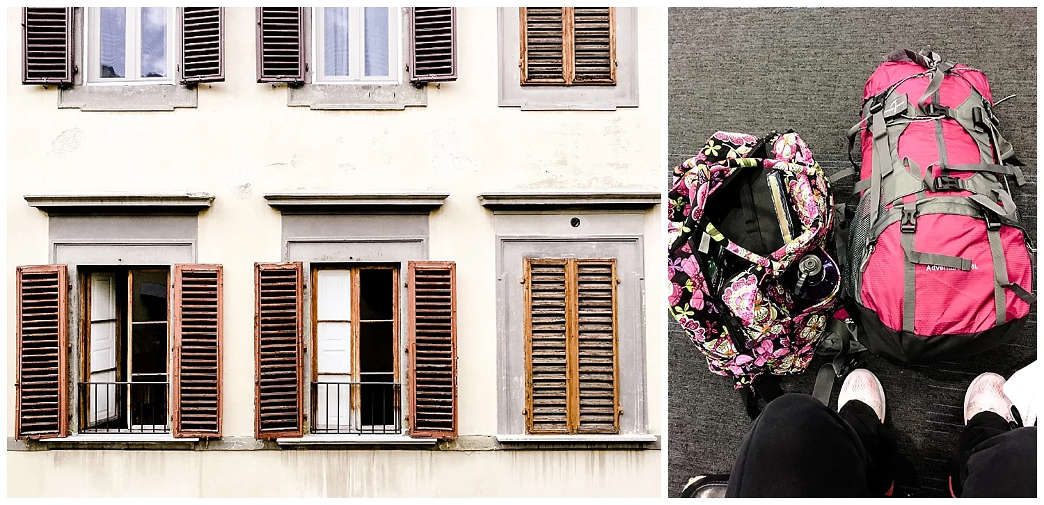 Left: This was our view right outside the window of our Airbnb; Right: I packed all of my belongings for the trip in these two bags.