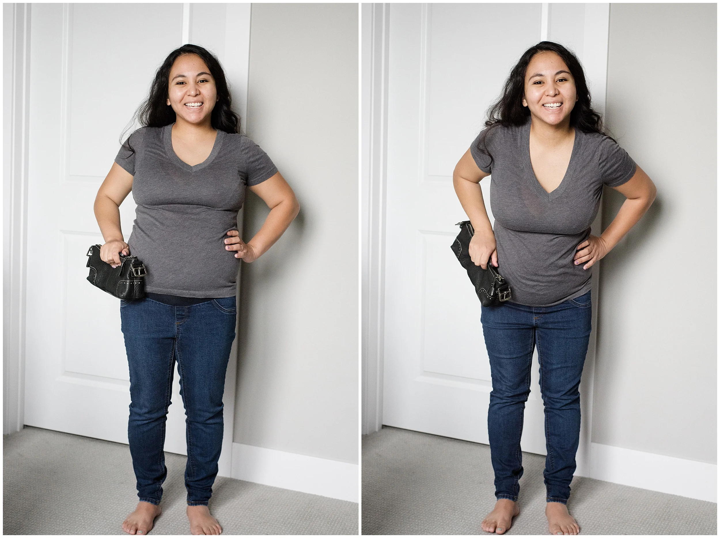 Left photo: I'm pushing my hips forward. Right photo: I'm bending my hips back away from the camera.