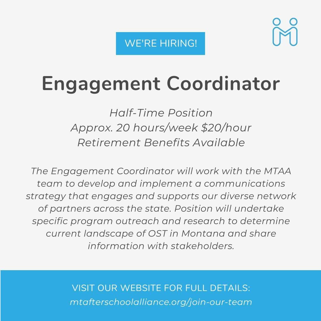 MTAA is seeking a half-time Engagement Coordinator to expand our engagement and communications efforts. For more information on how to apply and a full job description, visit the link in our bio! If you're attending Afterschool &amp; Beyond, ask one 