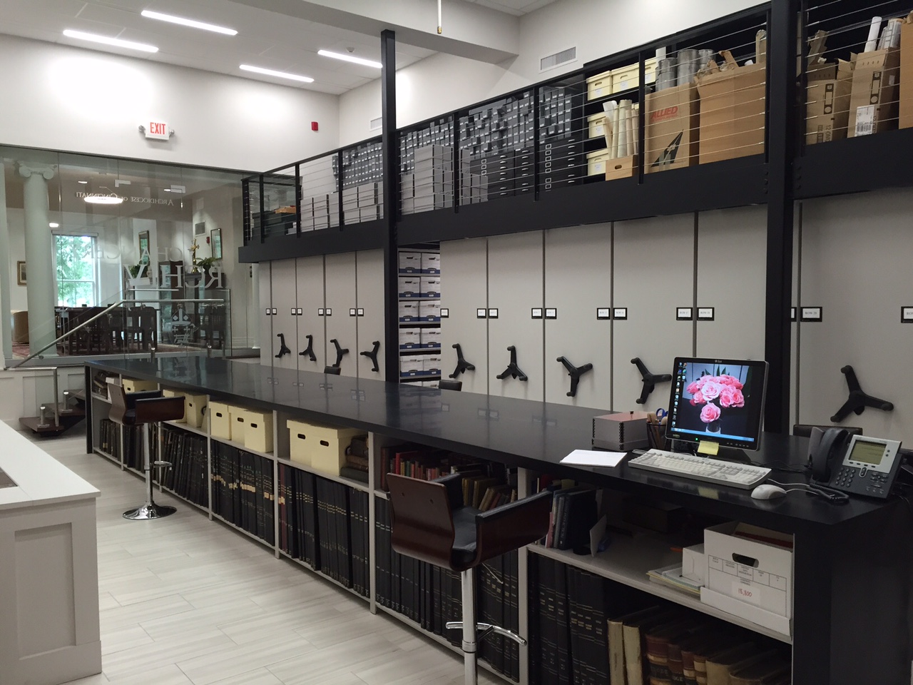 Archives Storage Area with new mezzanine and rolling cabinet storage