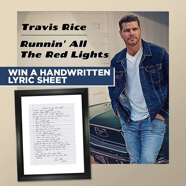 CONTEST ALERT‼️ Who wants to win a framed &ldquo;Runnin&rsquo; All The Red Lights&rdquo; handwritten lyric sheet? Head over to http://bit.ly/TravisRiceContest to register. You can also check out the link in my profile to sign up! It&rsquo;s FREE to e