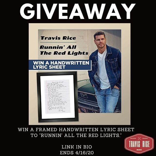 GIVEAWAY‼️ Only 2 more days to enter. Head over to win a framed handwritten lyric sheet to the new single &ldquo;Runnin&rsquo; All The Red Lights.&rdquo; Link in bio or visit travisrice.grassrootspromo.com