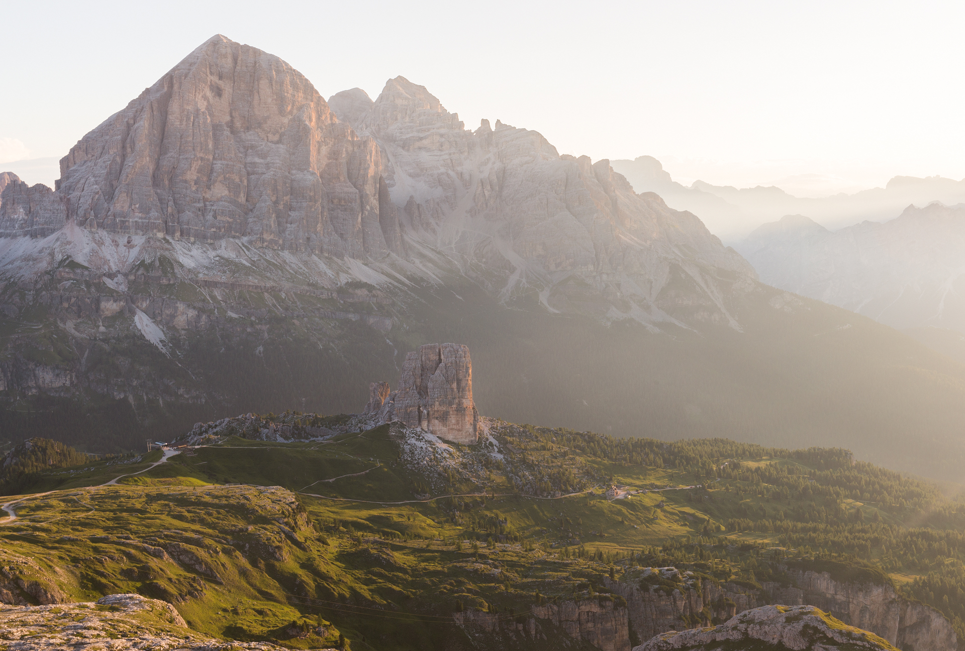 Cinque Torri seen from Rifugio Nuvolau at sunrise
