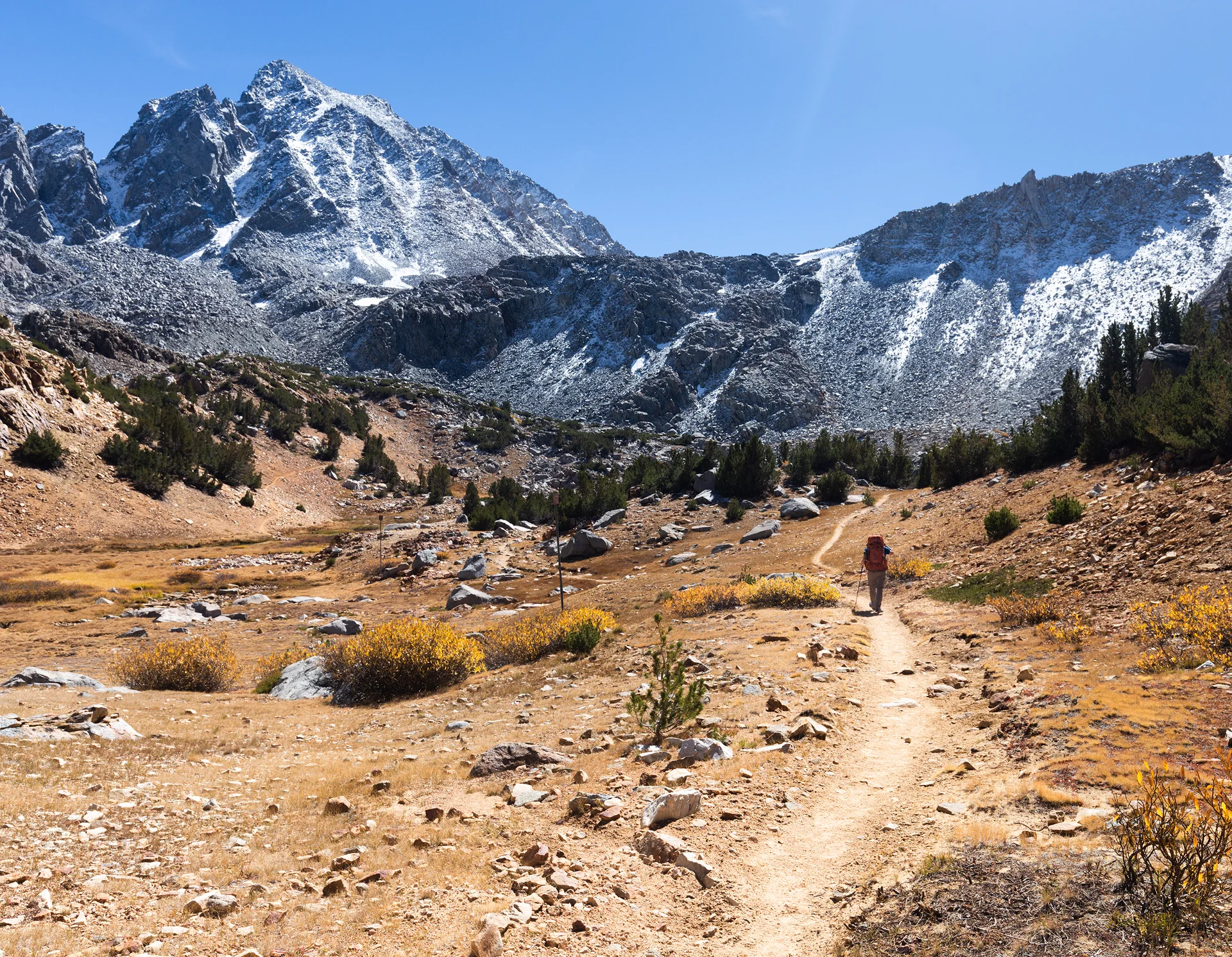 Heading toward Bishop Pass, which is the lowest point of the V, formed by the two ridges, in the upper center of the photo