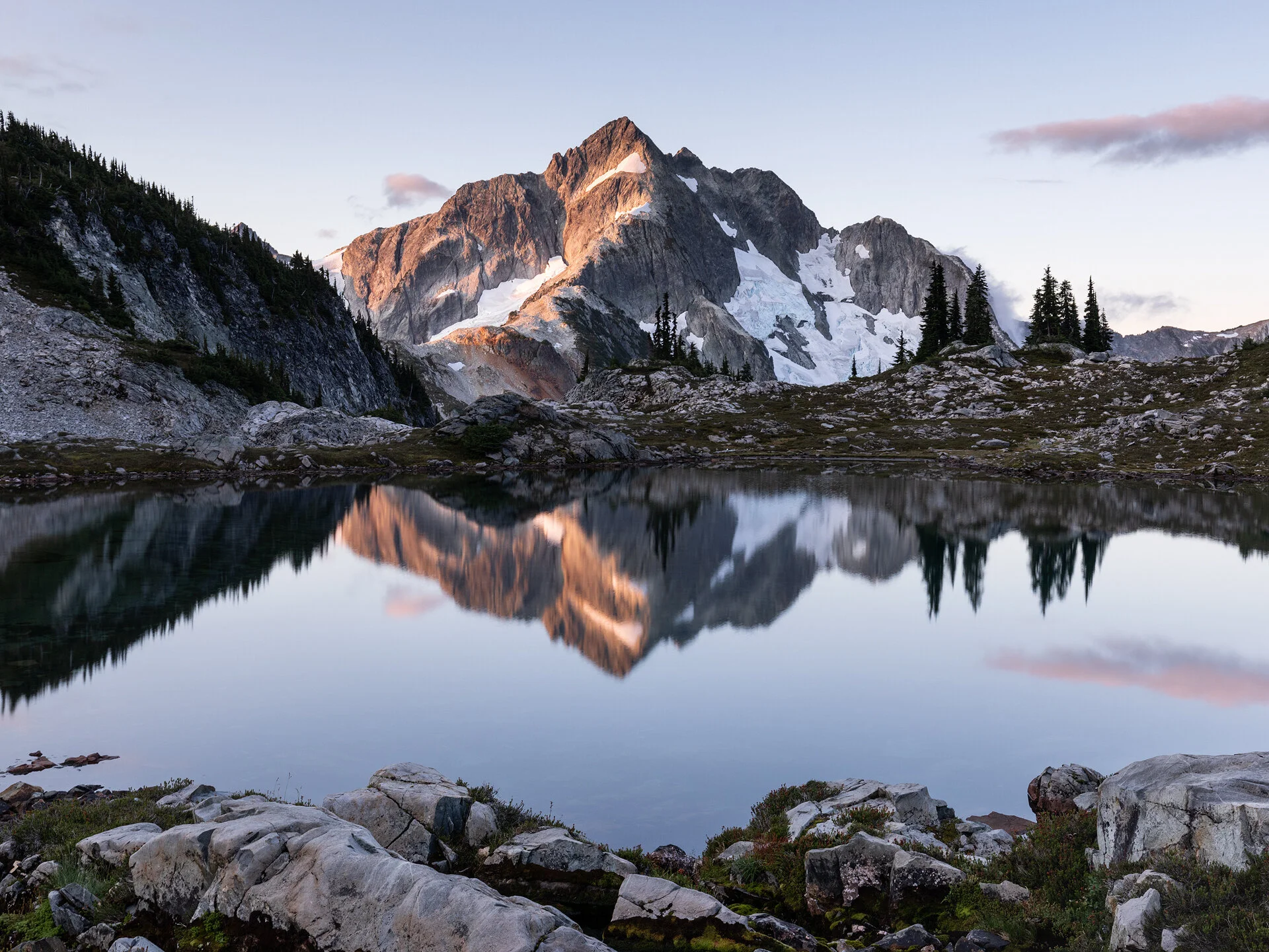 Whatcom Peak reflected in the lake at sunrise