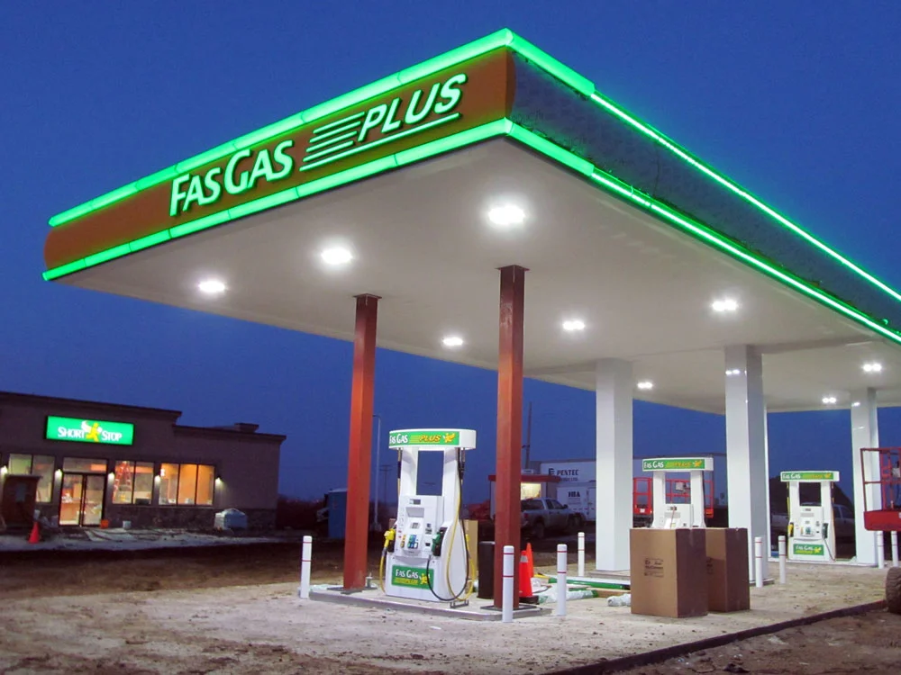 Fas Gas service station night shot - Saskatoon SK - Canopy Installation