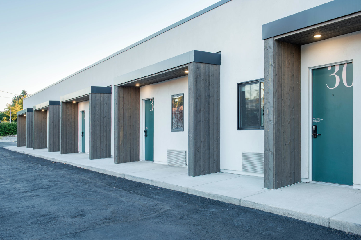 Updated motel room entrances set a stylish stage while offering increased visitor privacy.