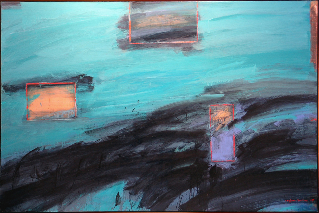 Kenjilo Nanao Flow in Turquoise , 2009 Oil and Silver leaf on canvas 40 x 60 inches For More Information Artist Biography, Exhibitions & Collections