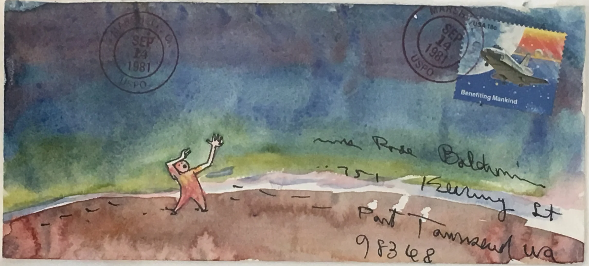   Clayton Lewis    Space Shuttle,  1981 Mixed media on paper envelope 4.25 x 8.75 inches  &nbsp;    For More Information   