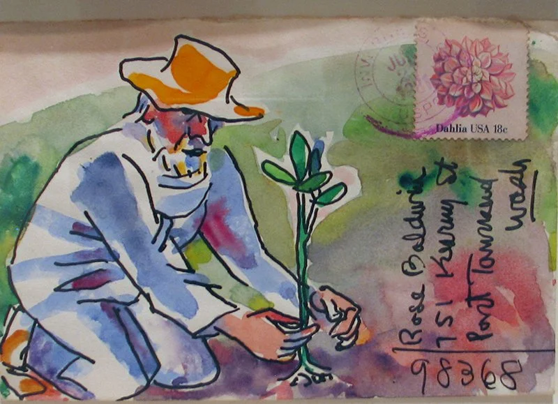   Clayton Lewis  (1915-1995)  ‘Planting Daliahs’, 1981,  Watercolor on paper envelope 