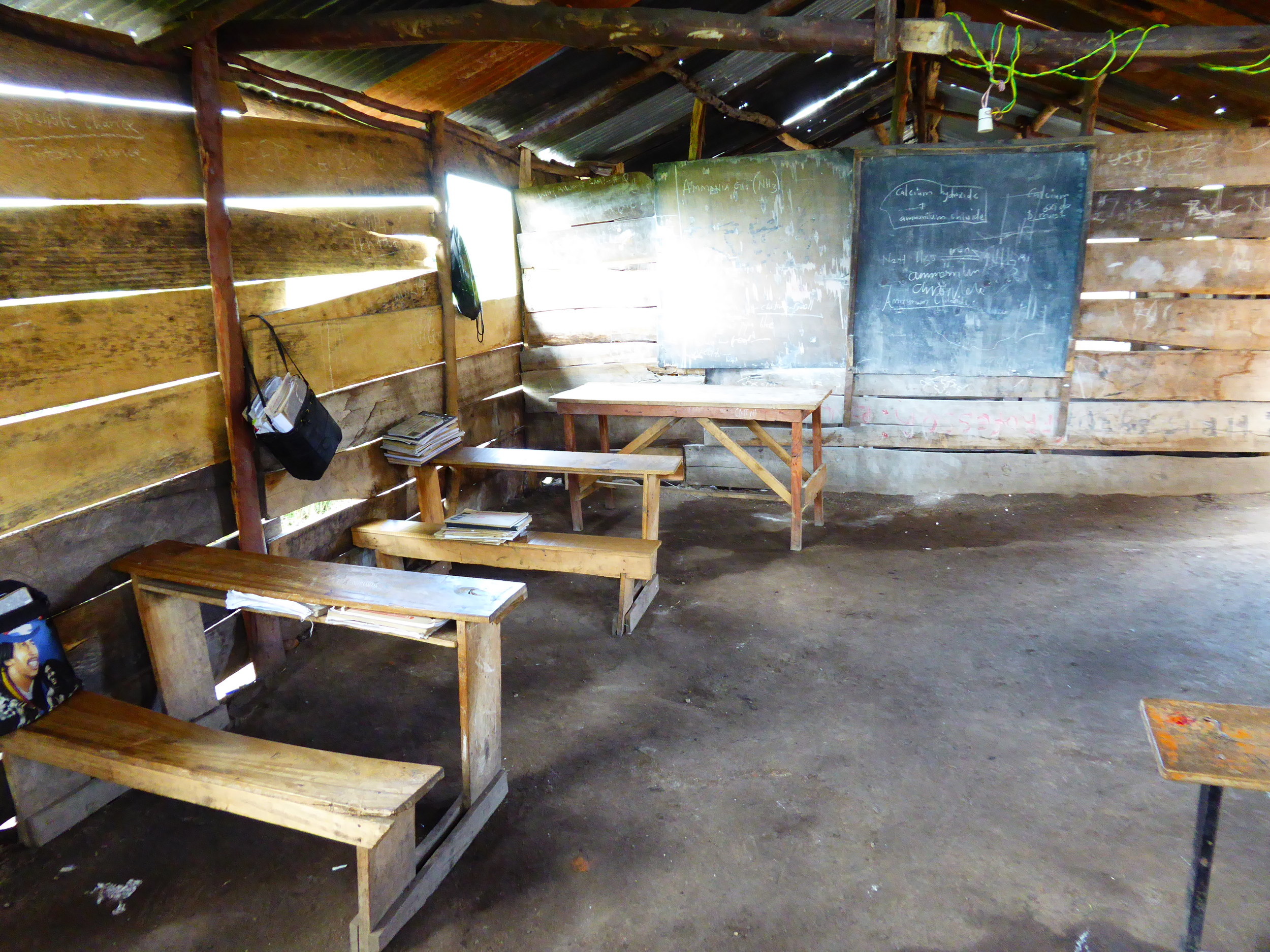 Inside one of the wood-slat classrooms