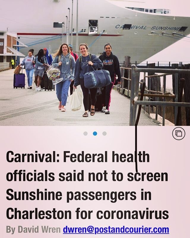 Talk about arrogance! State Senator Sandy Senn and Mayor Techlenberg asked Carnival to screen the 2441 passengers and 1000 crew when the Carnival Sunshine docked in Charleston today- where she and her crew will remain for at least 30 days.After being