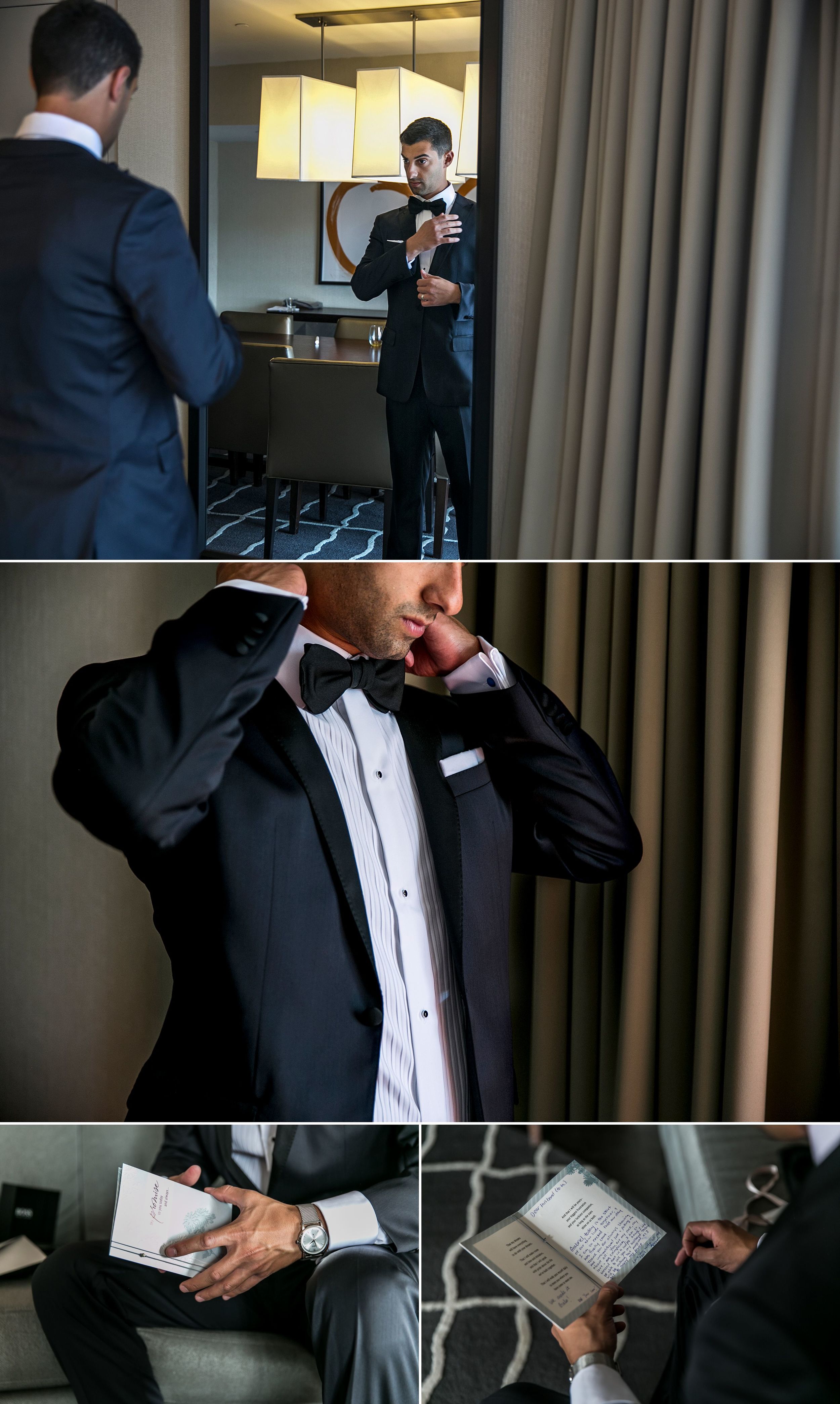 Groom getting ready for his wedding at the Westin hotel in Ottawa