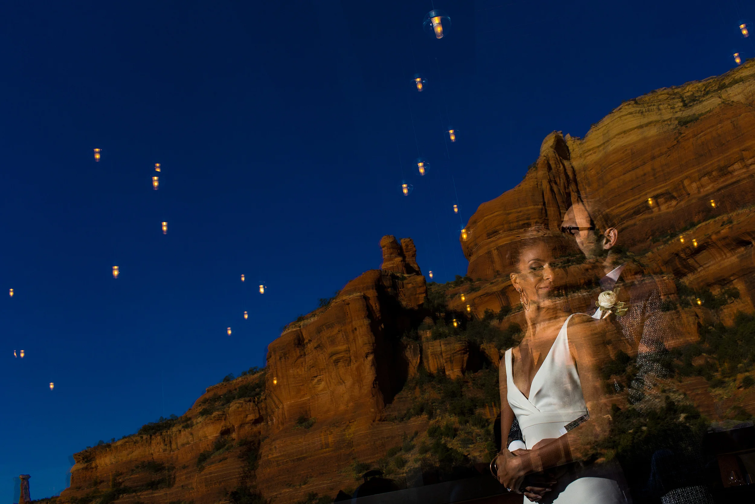 bride and groom portrait inside the enchantment resort restaurant in sedona arizona