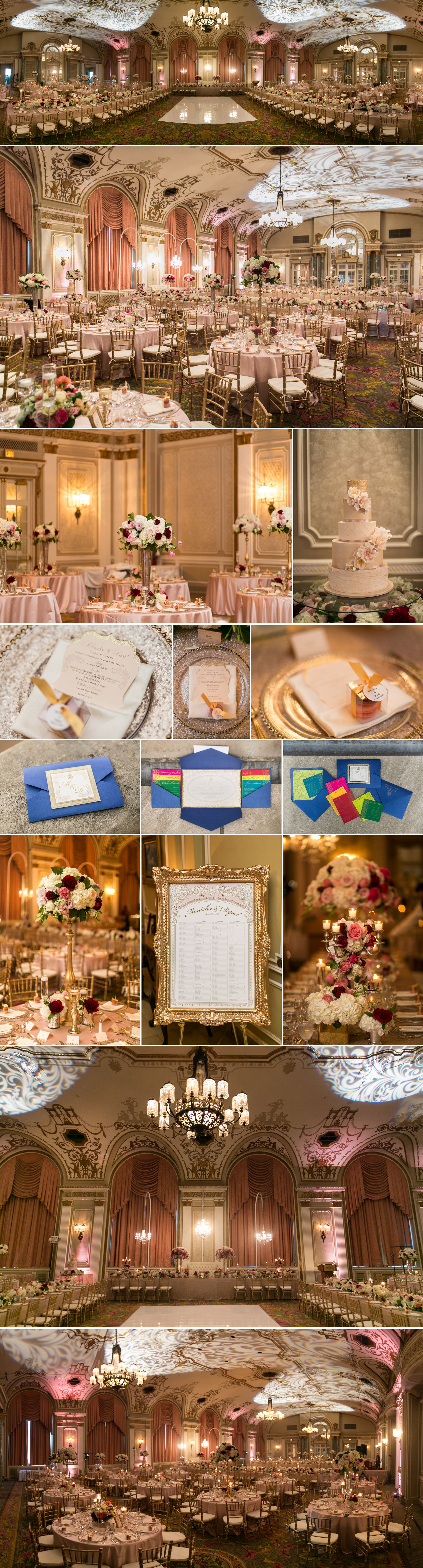 Wedding details and decor in the ballroom at le chateau laurier in ottawa
