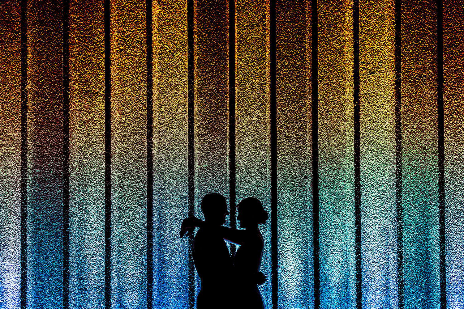 Bride and groom silhouette outside the National Arts Centre in Ottawa Ontario