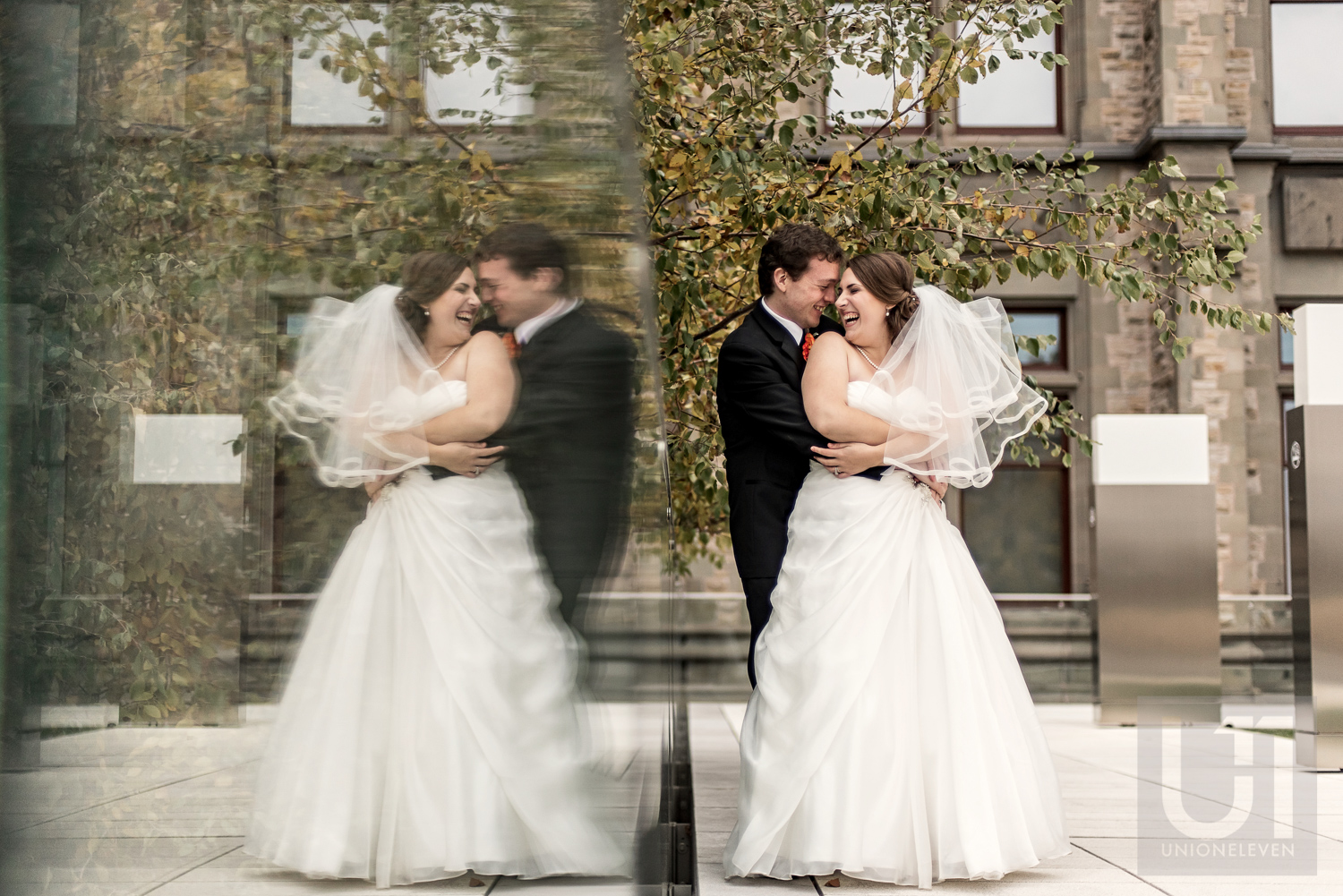 A photo of the bride and groom outside the Museum of Nature, Ottawa