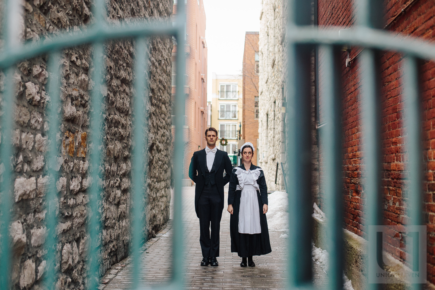 Engagement shoot with the couple dressed in a butler and maid costume