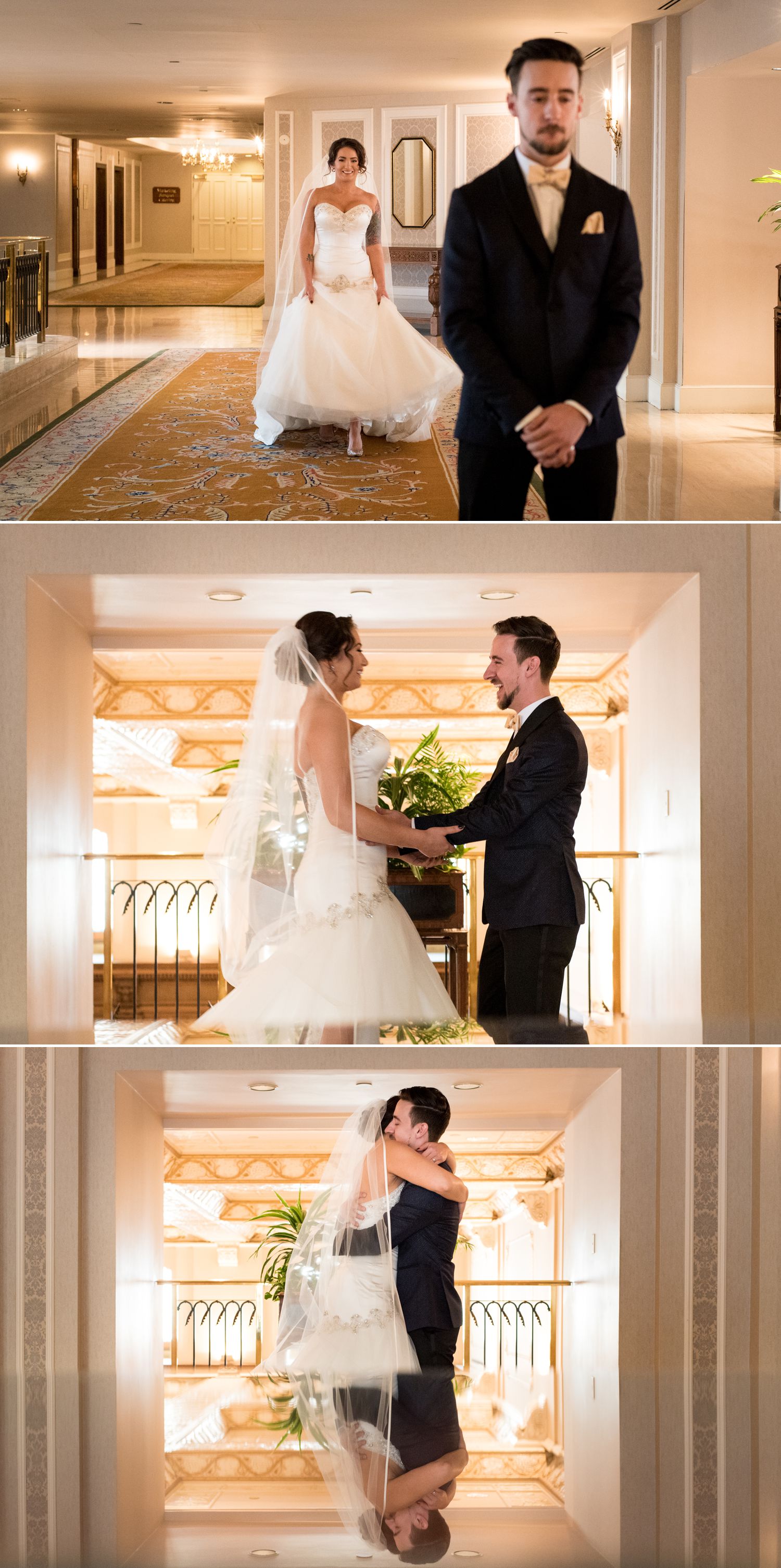 The bride and the groom during their 'First Look' at the Chateau Laurier