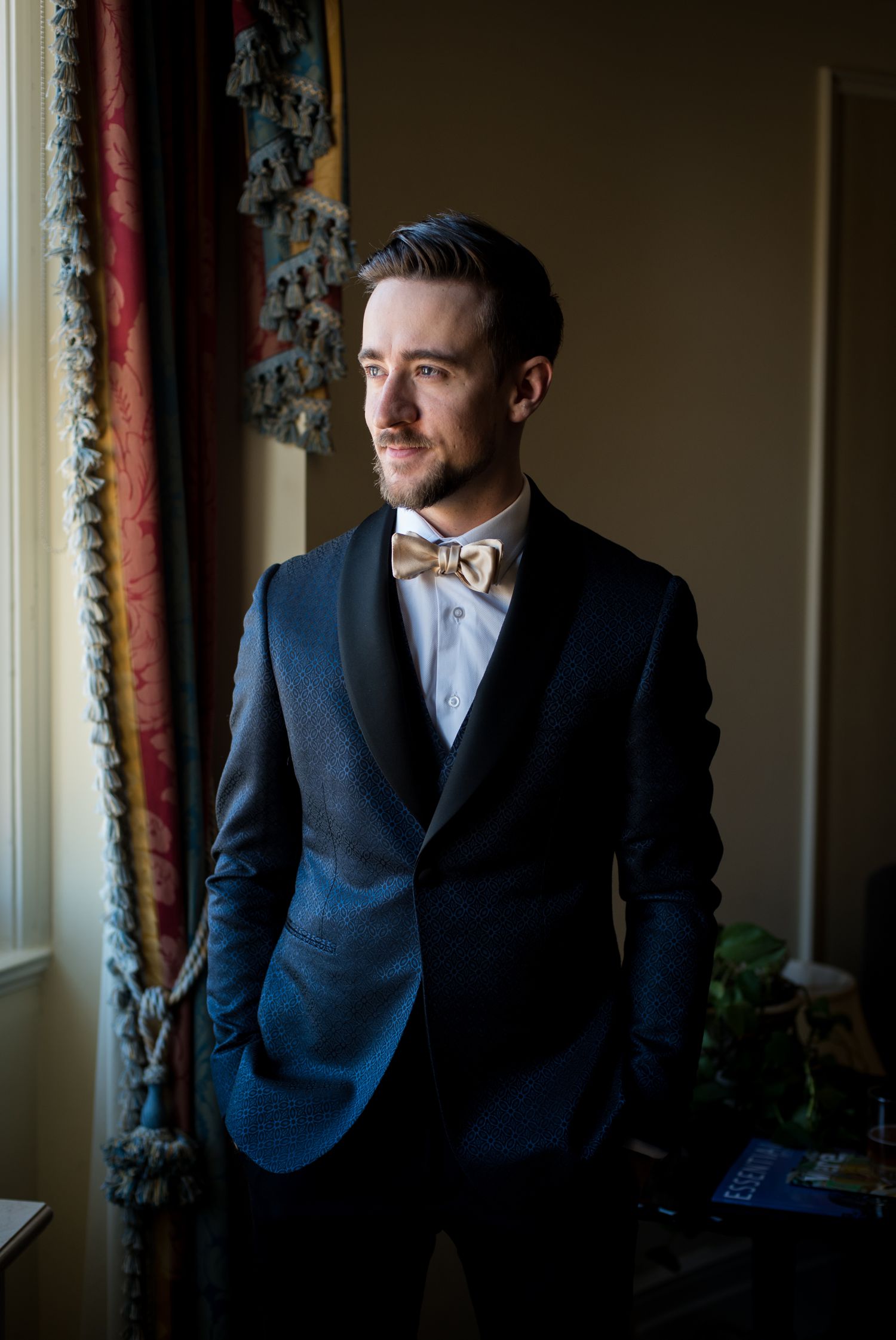 A portrait of the groom before the ceremony