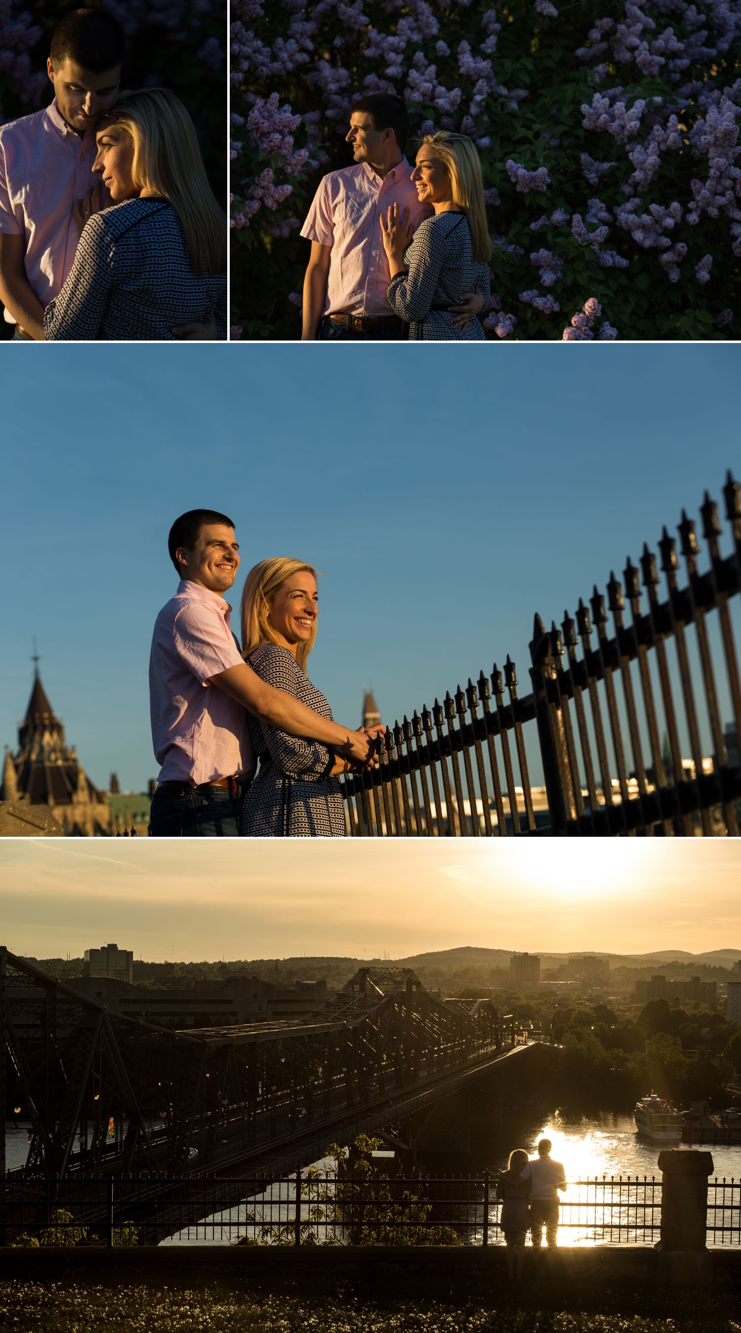 A couples engagement shoot in downtown Ottawa watching the setting sun from around Parliament Hill