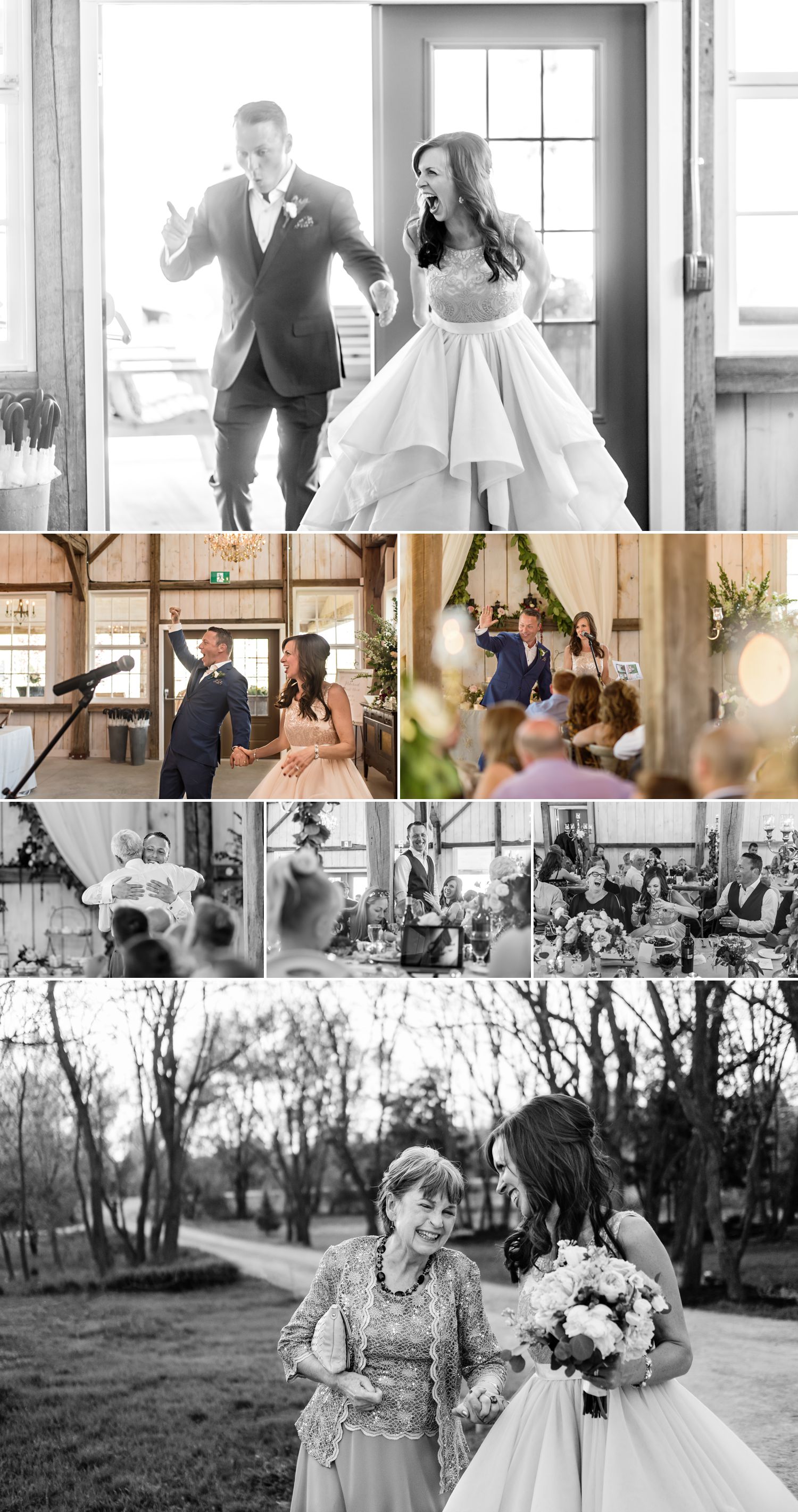 candid moments during stephanie and steve's reception at stonefields heritage barn wedding