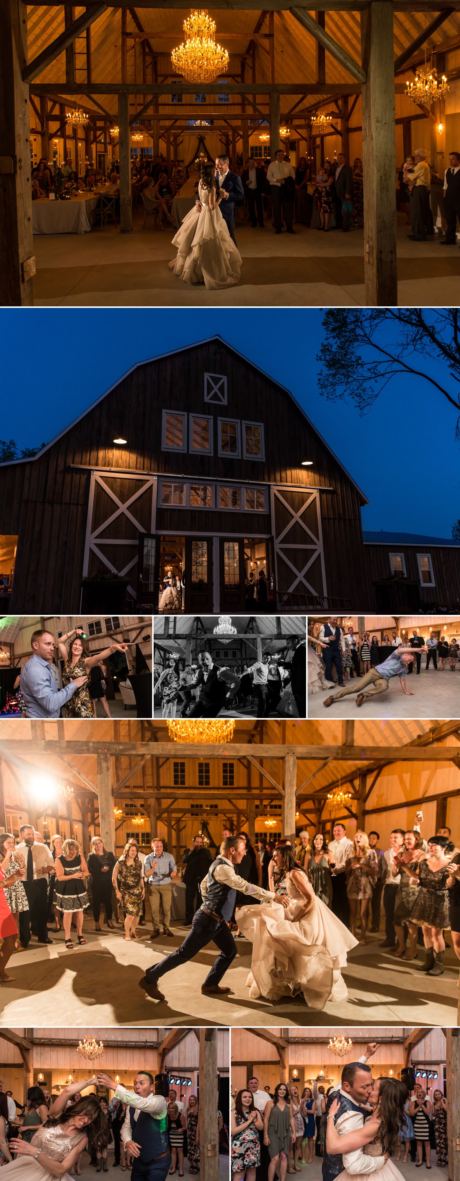 candid moments from stephanie and steve's dance party at stonefields heritage barn wedding