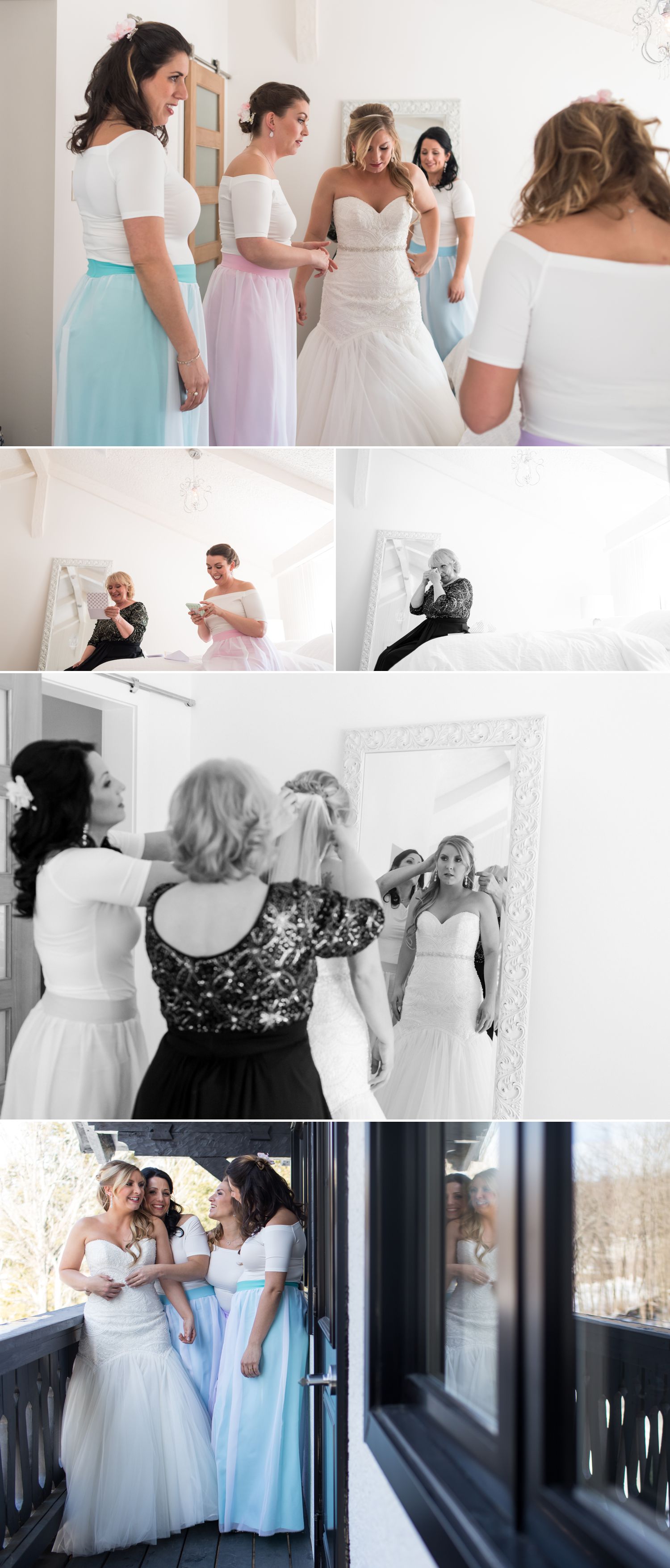 The bride with her mother and bridesmaids getting ready at Le Belvedere