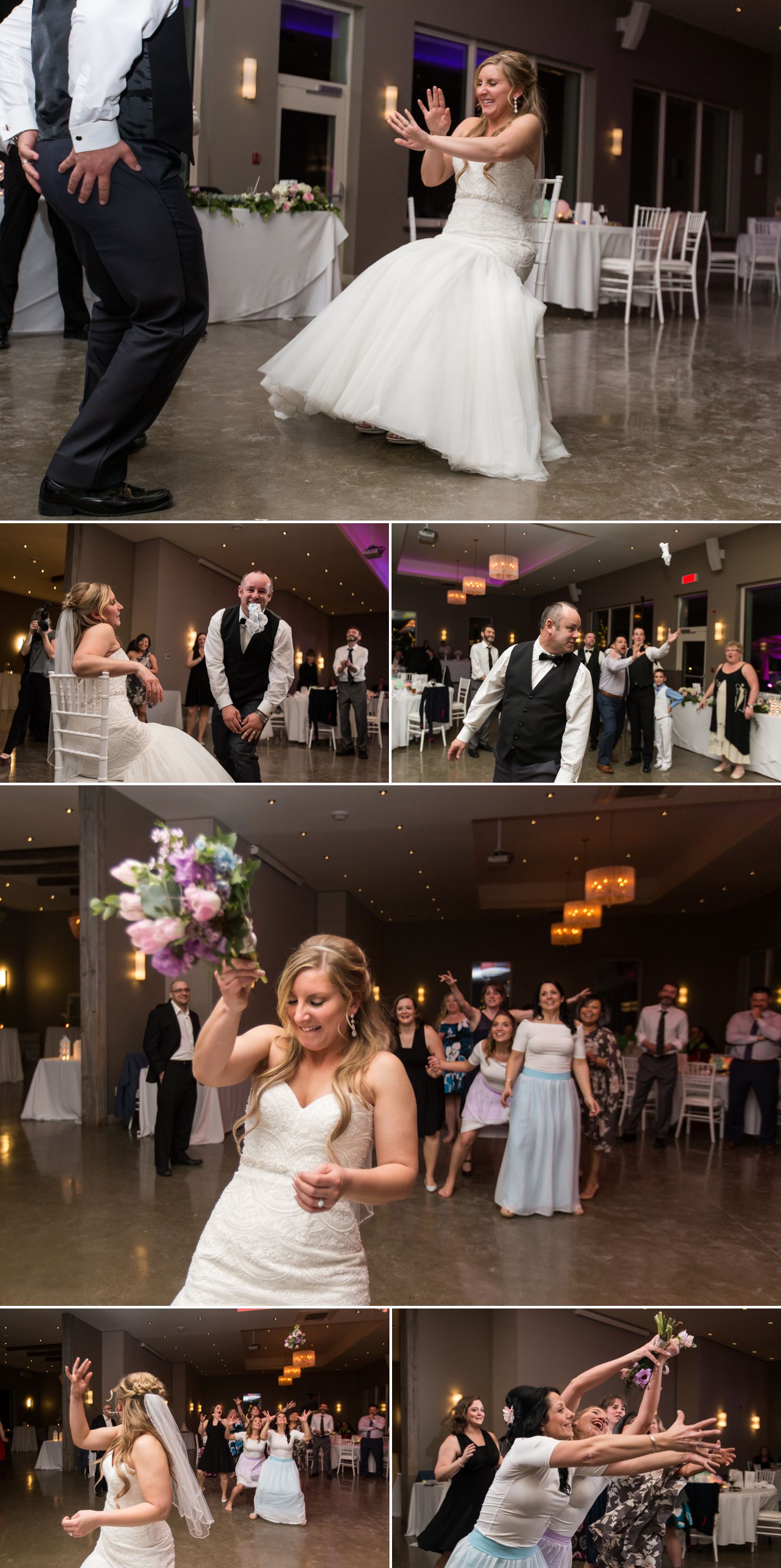 The bride and groom doing their bouquet and garter toss during their reception at Le Belvedere