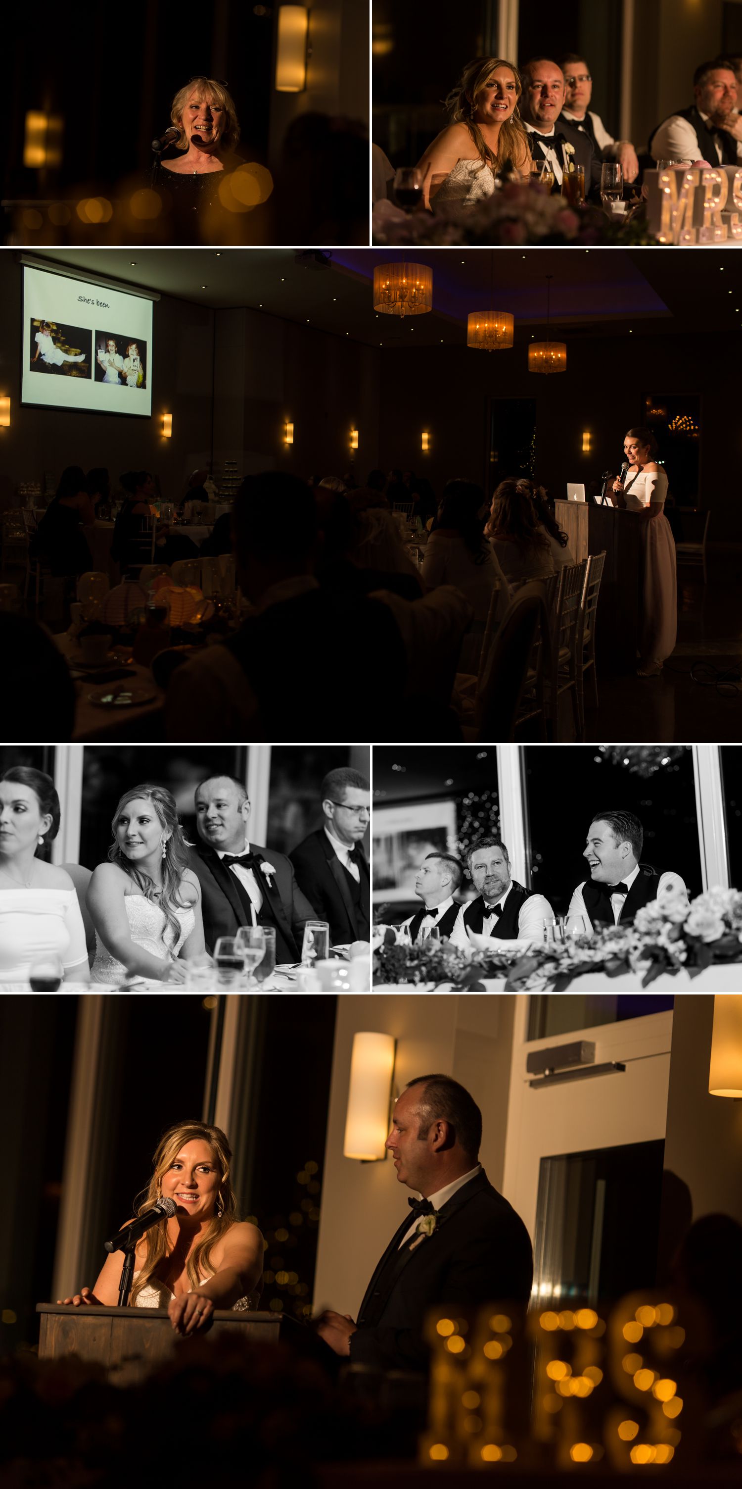 The mother of the bride as well as a bridesmaid and groomsmen giving their speeches at the wedding reception at Le Belvedere