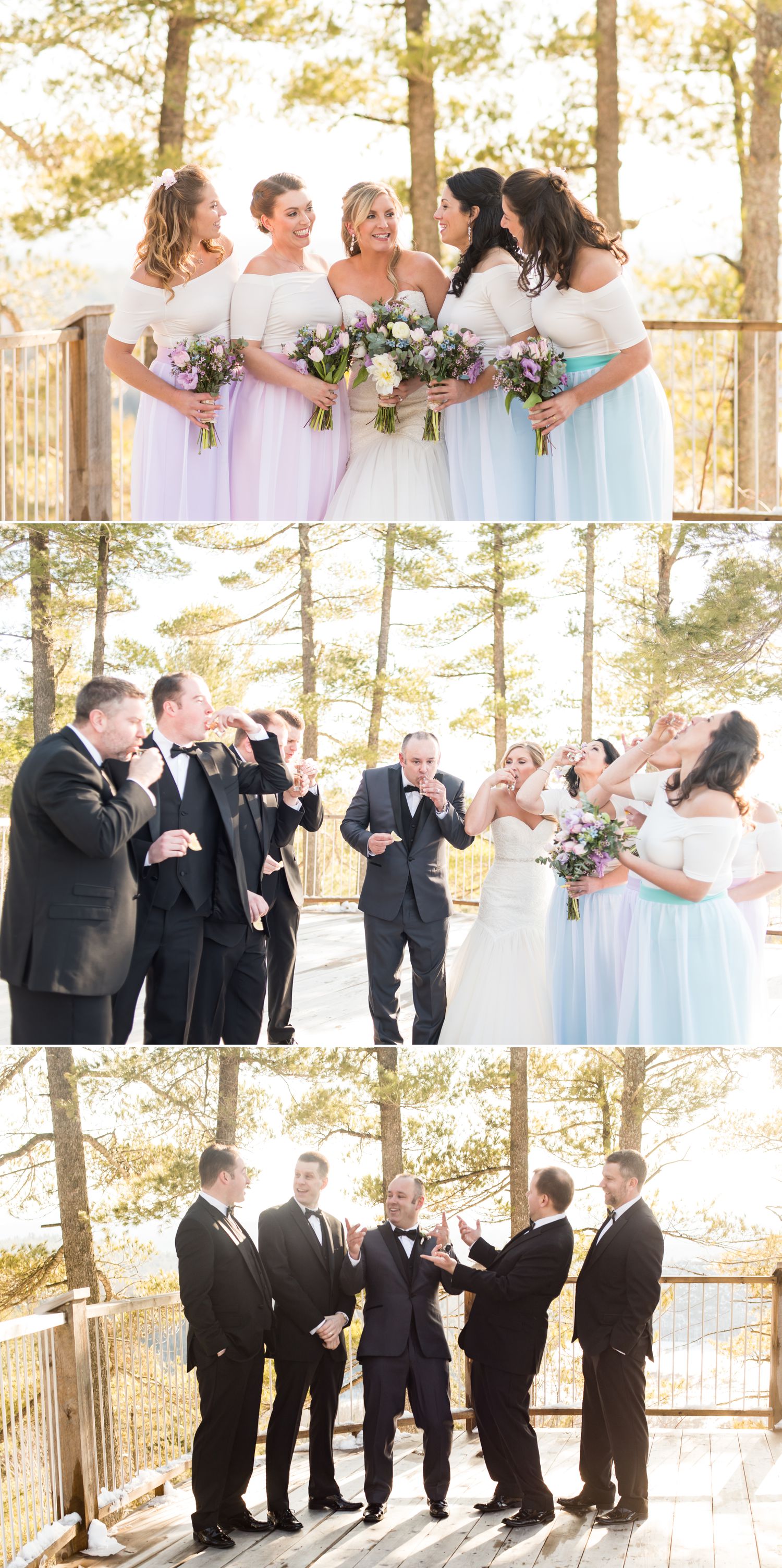 Group photos of the Bridesmaids and Groomsmen and then the group taking a shot together