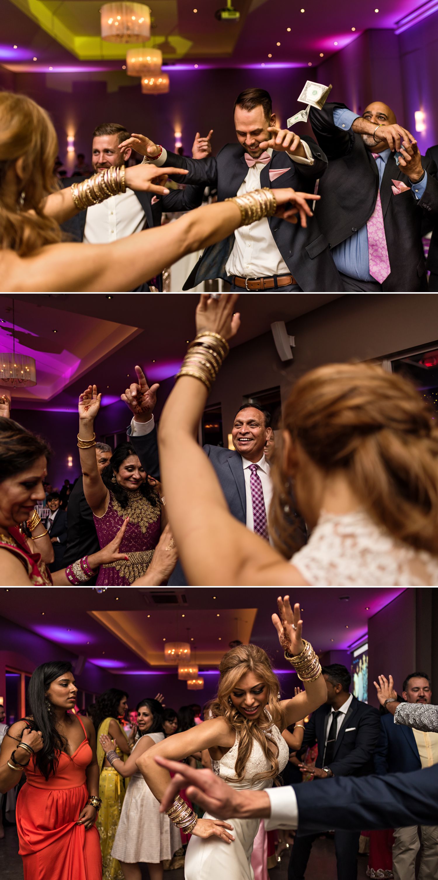 The bride and groom dancing with guests at their wedding reception at Le Belvedere