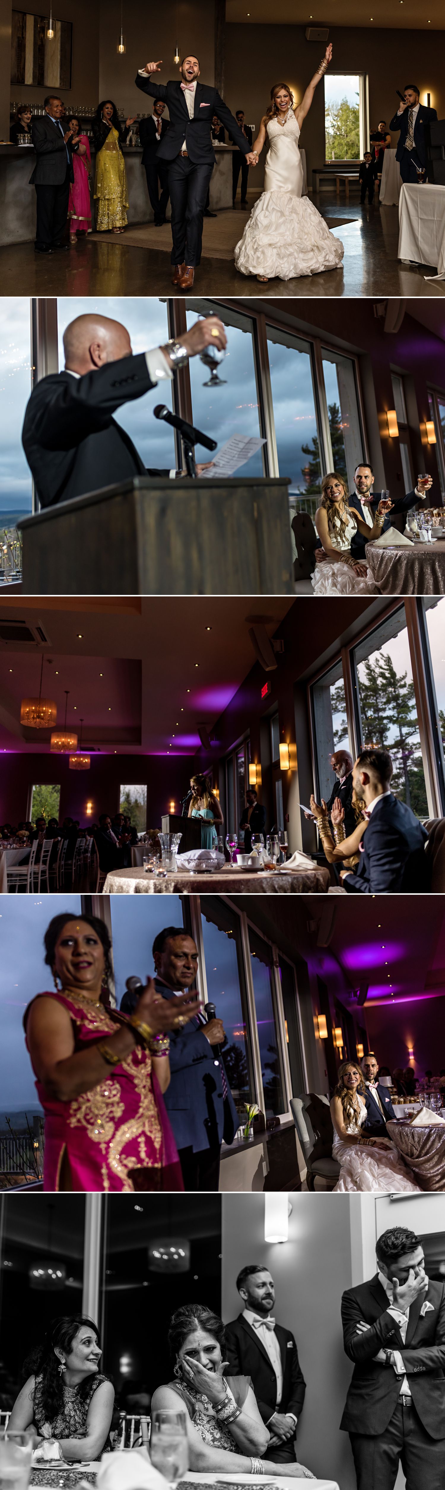 The newly weds and their family and friends enjoying speeches during their wedding reception at Le Belvedere