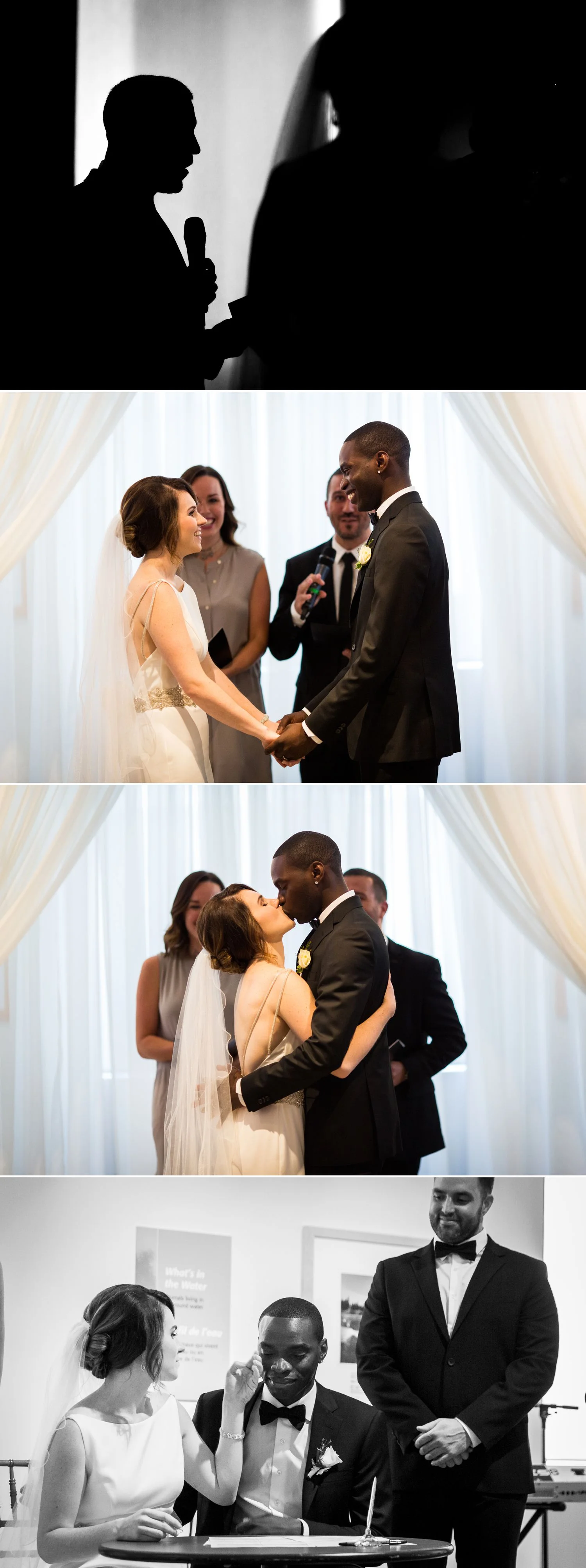 The bride and groom during their ceremony at The Museum of Nature