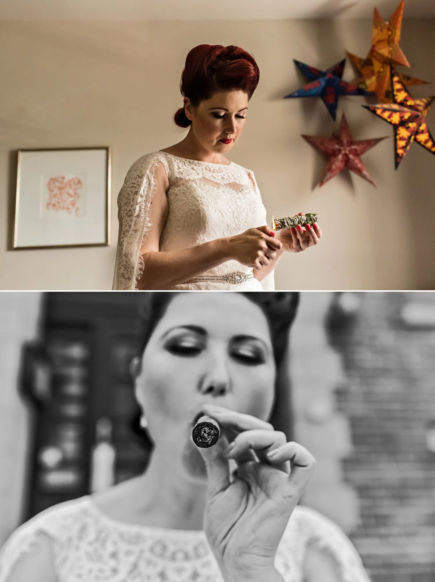 bride having smudging ceremony and also smoking a cigar